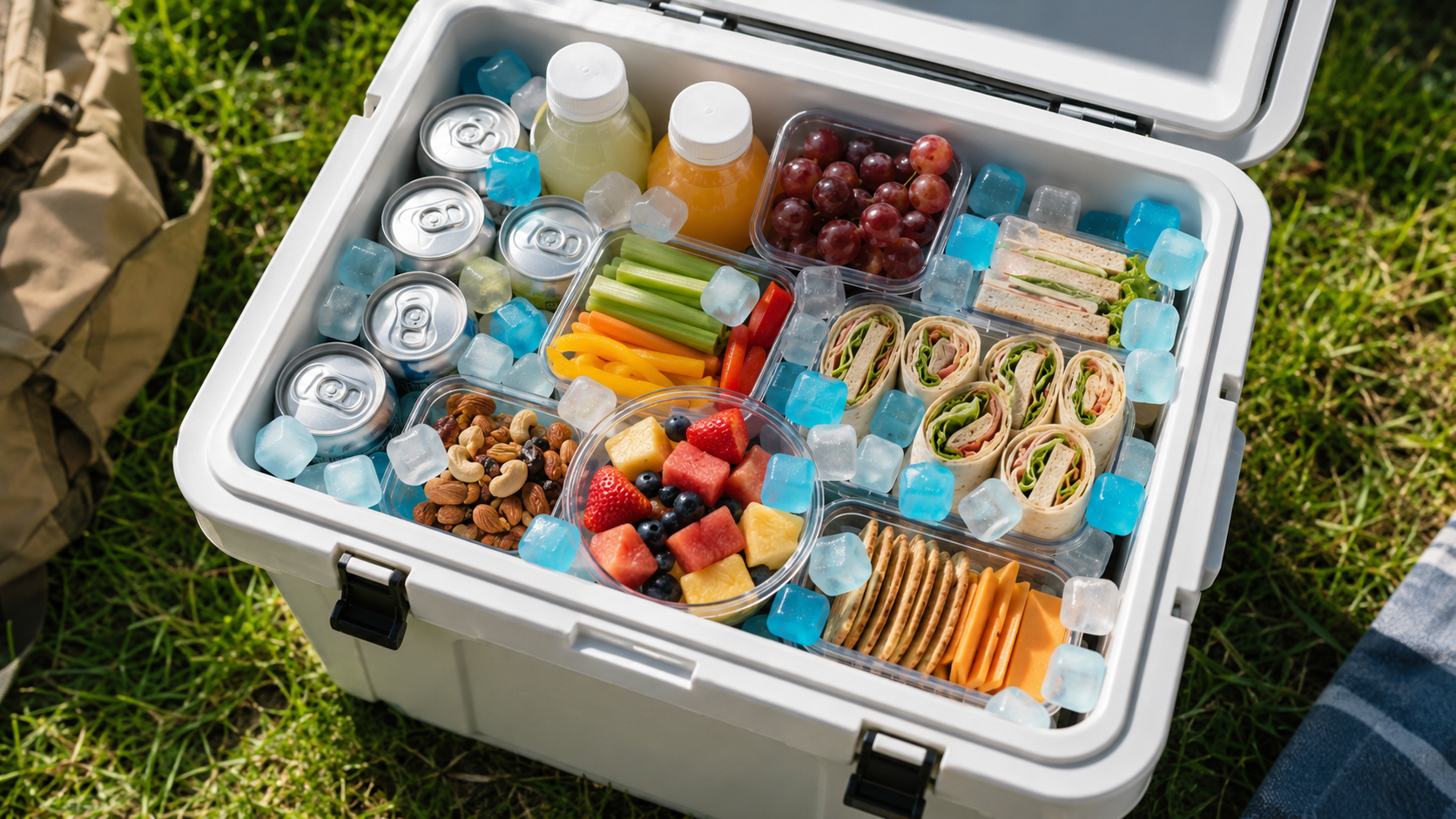Reusable ice cubes packed around drinks, snacks, and food containers in an outdoor cooler